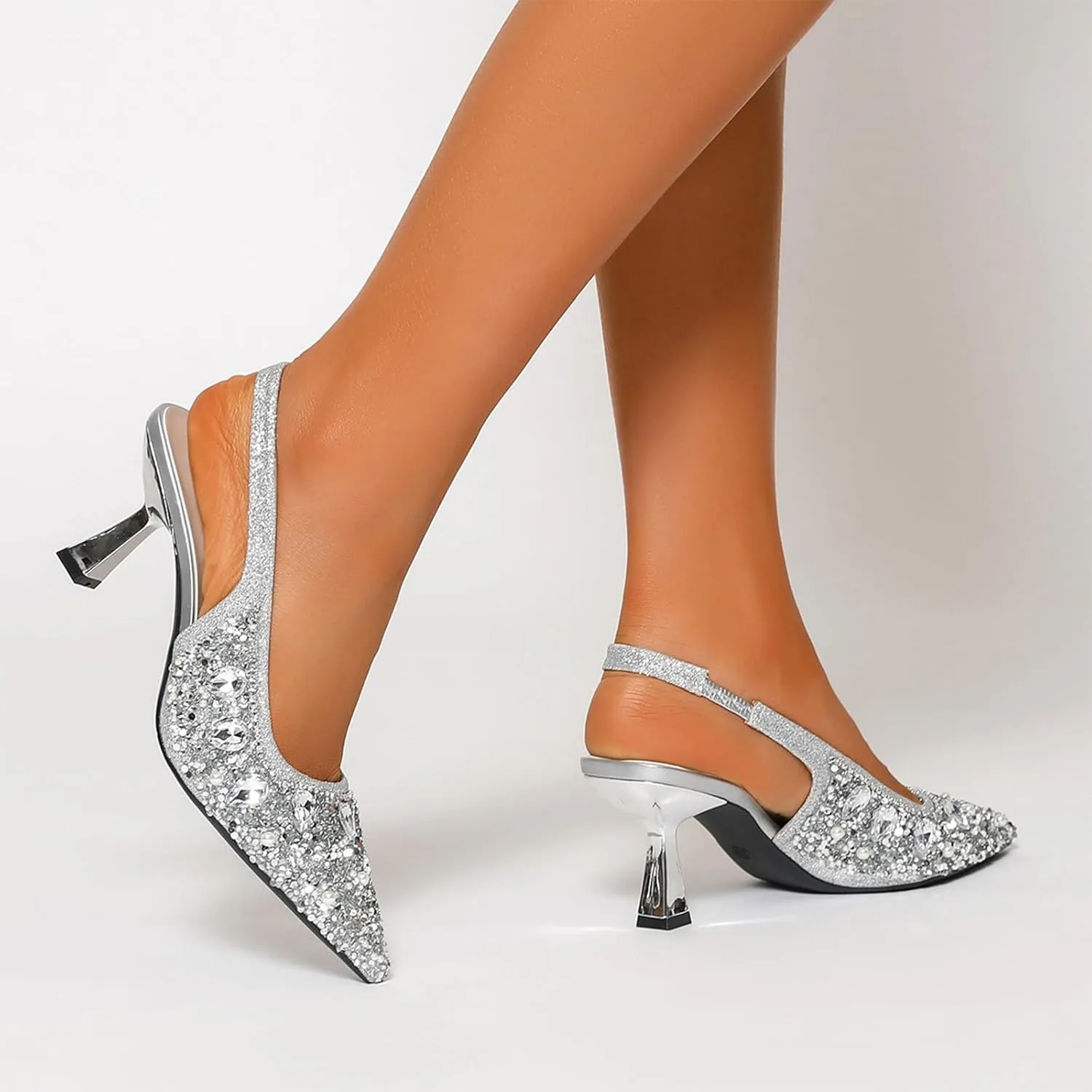 Women's Rhinestone Pointed Toe Kitten Heel Slingback Pumps Fashion Slip On Elastic Ankle Strap Low Stiletto Business Work Dress Backless Sandals Sexy Party Wedding Bridal Wedding Shoes
