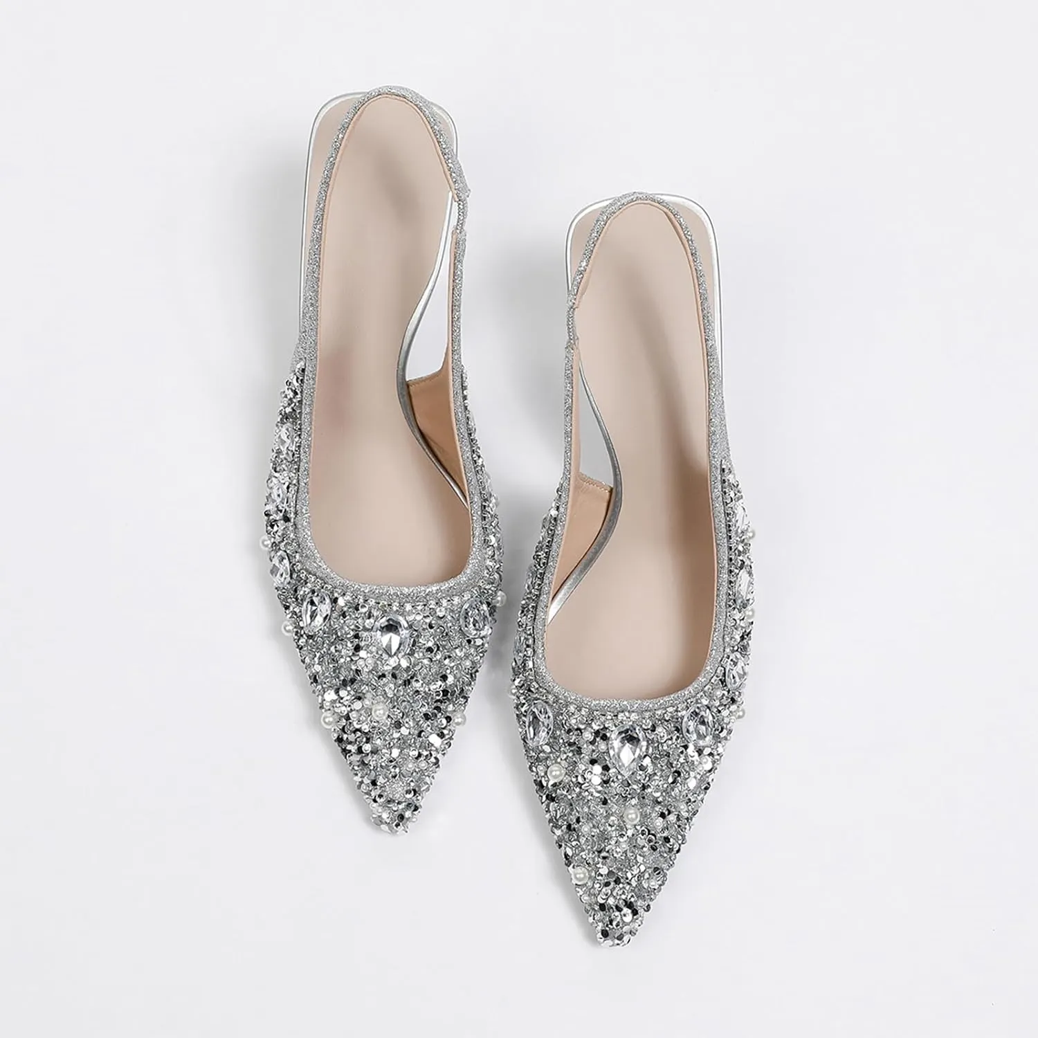 Women's Rhinestone Pointed Toe Kitten Heel Slingback Pumps Fashion Slip On Elastic Ankle Strap Low Stiletto Business Work Dress Backless Sandals Sexy Party Wedding Bridal Wedding Shoes