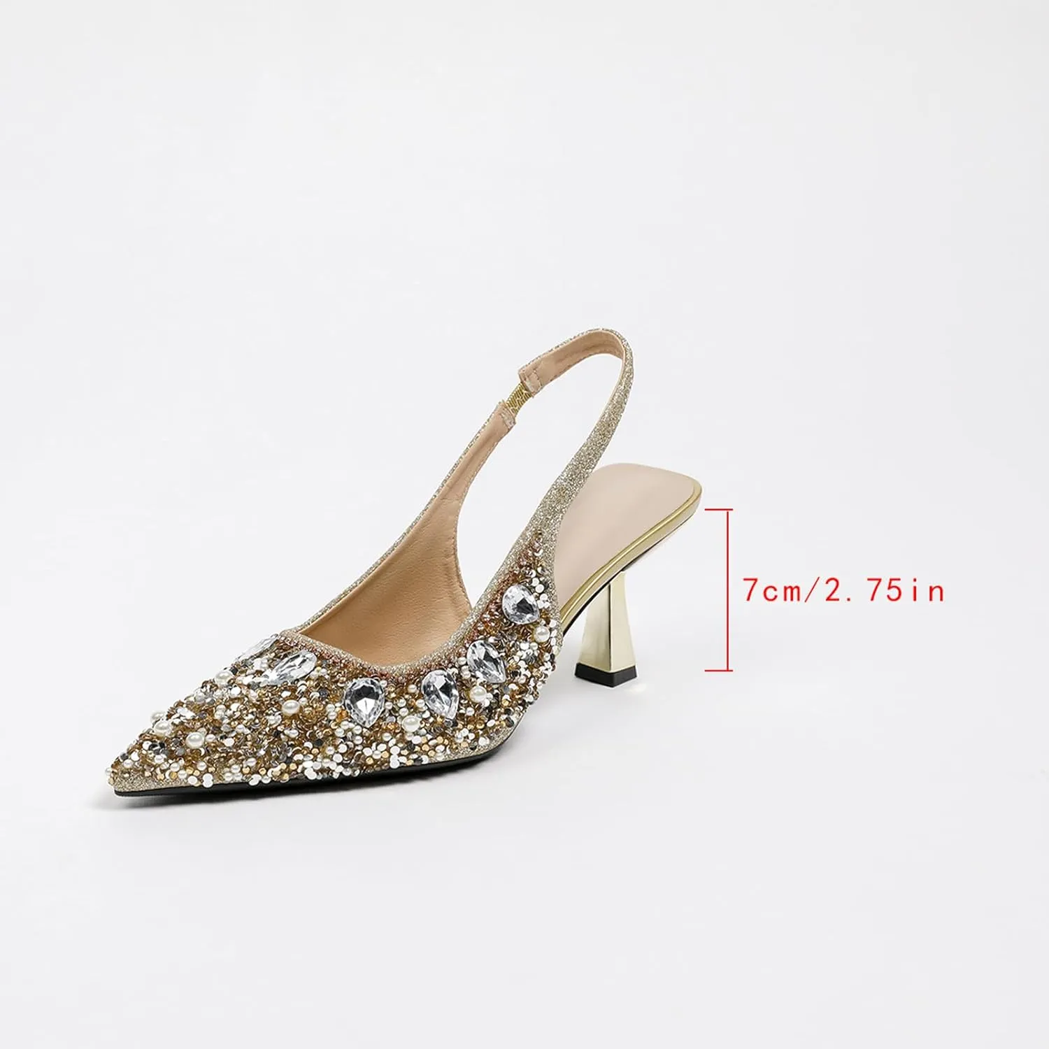 Women's Rhinestone Pointed Toe Kitten Heel Slingback Pumps Fashion Slip On Elastic Ankle Strap Low Stiletto Business Work Dress Backless Sandals Sexy Party Wedding Bridal Wedding Shoes