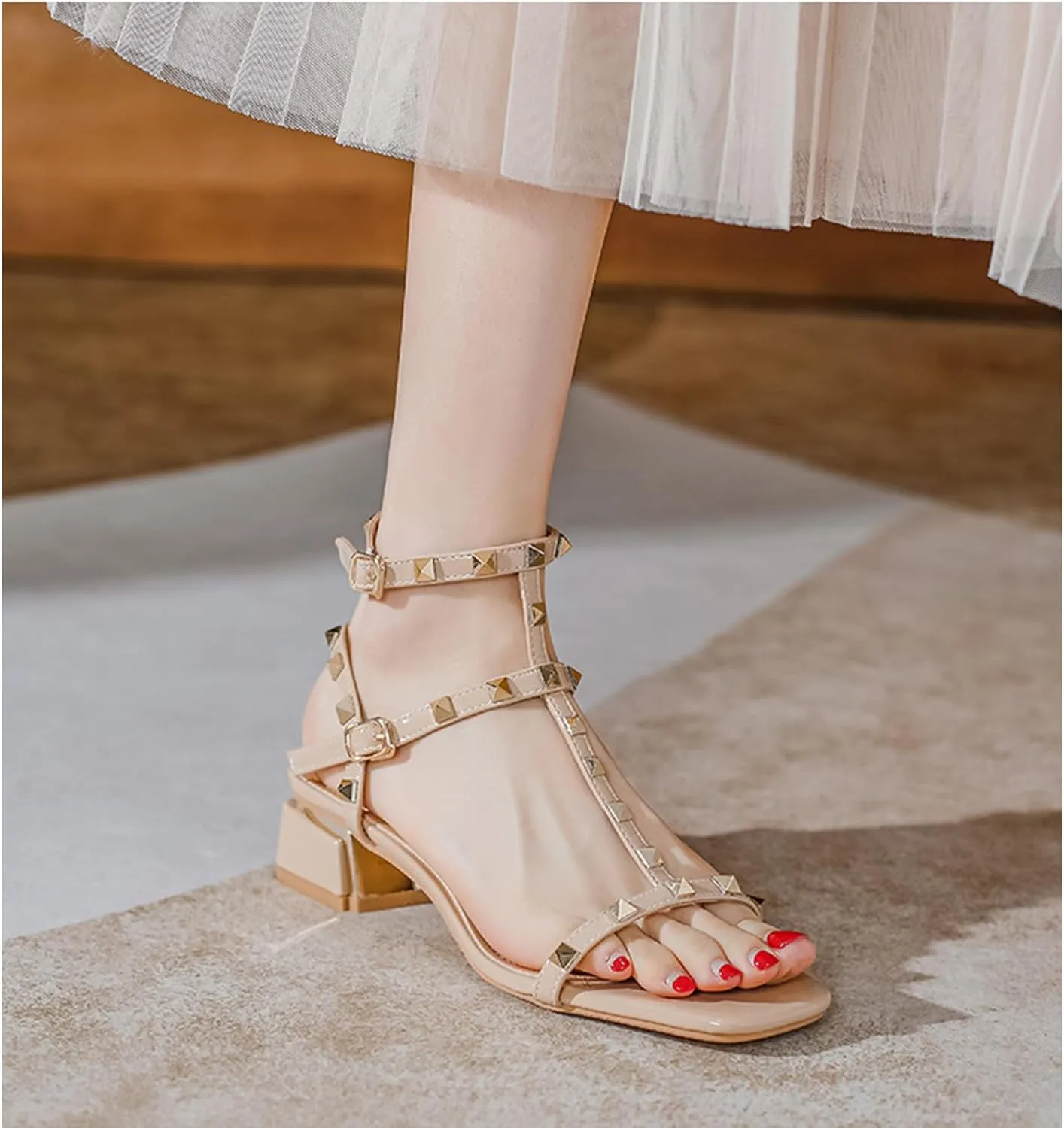 Women's Rivets Leather Chunky Block Heel Sandals with Ankle Strap Buckle Fashion Square Open Toe Comfort Sexy Gladiator Y2K Sandals for Dress Party Prom Shoes