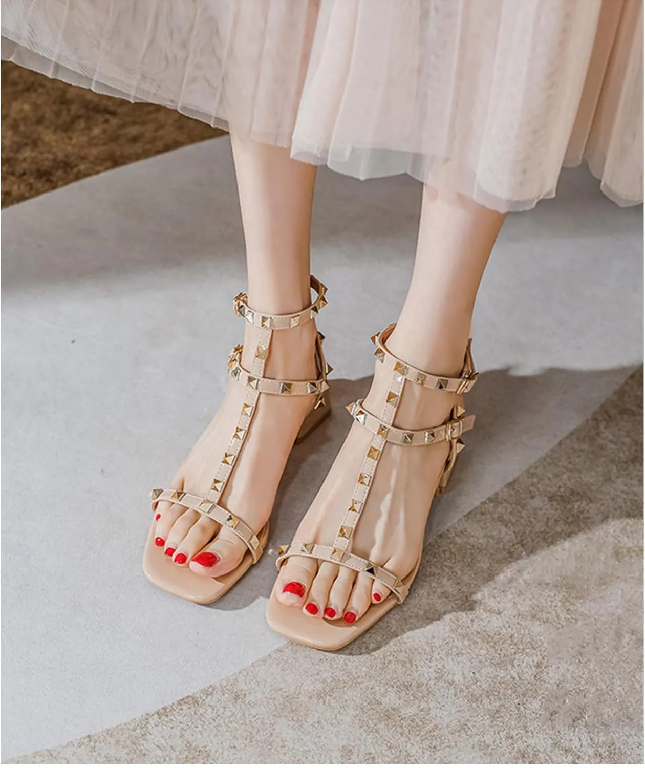 Women's Rivets Leather Chunky Block Heel Sandals with Ankle Strap Buckle Fashion Square Open Toe Comfort Sexy Gladiator Y2K Sandals for Dress Party Prom Shoes