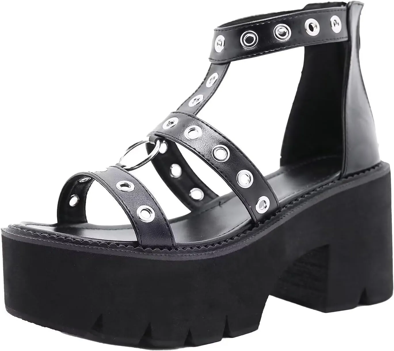 Women'S Sandals Open-Toe Adjustable Strap with Buckles Heel Zipper Waterproof Leather Gothic Style Cosplay Dresses Party Dating Daily Casual Summer High Heel