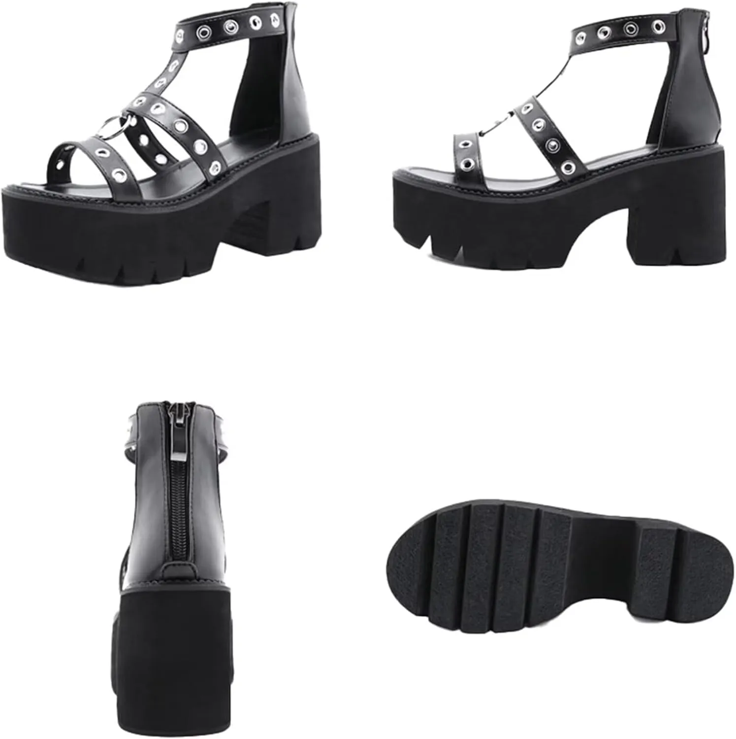 Women'S Sandals Open-Toe Adjustable Strap with Buckles Heel Zipper Waterproof Leather Gothic Style Cosplay Dresses Party Dating Daily Casual Summer High Heel