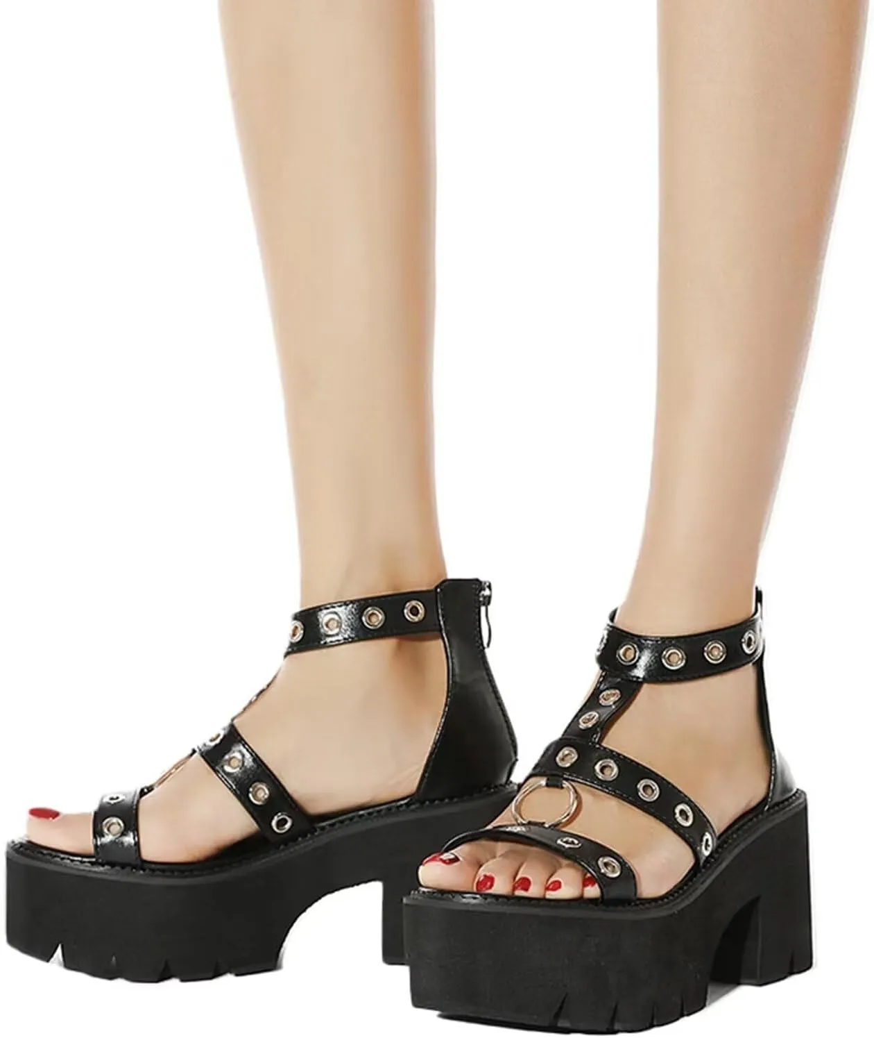 Women'S Sandals Open-Toe Adjustable Strap with Buckles Heel Zipper Waterproof Leather Gothic Style Cosplay Dresses Party Dating Daily Casual Summer High Heel