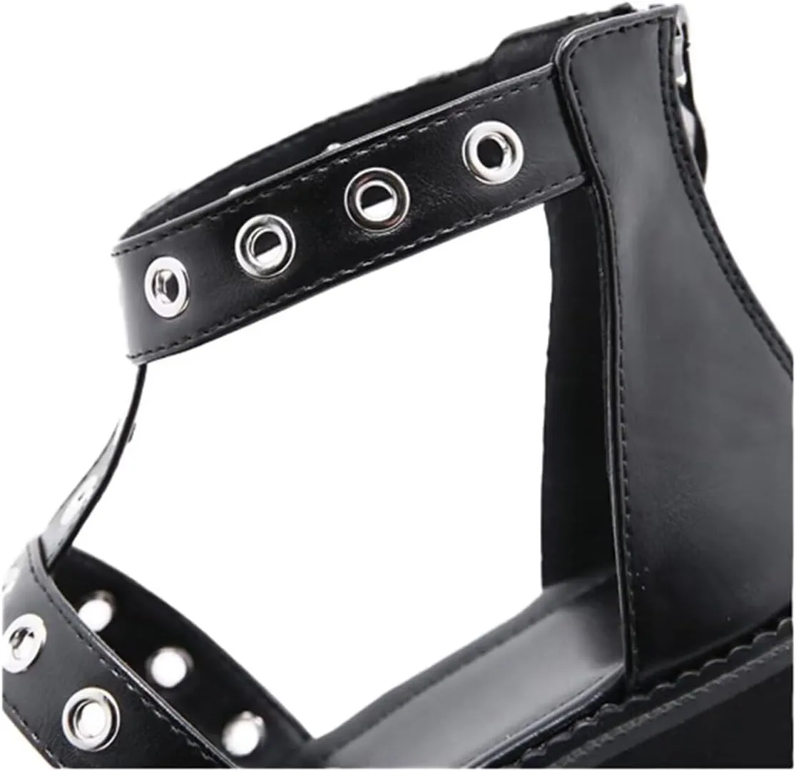 Women'S Sandals Open-Toe Adjustable Strap with Buckles Heel Zipper Waterproof Leather Gothic Style Cosplay Dresses Party Dating Daily Casual Summer High Heel