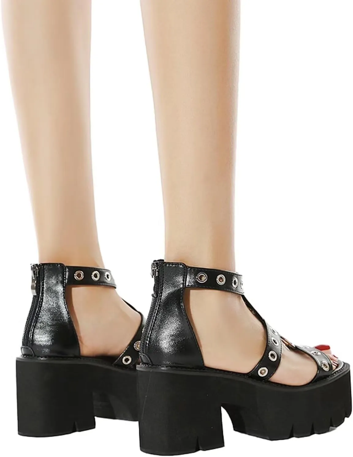 Women'S Sandals Open-Toe Adjustable Strap with Buckles Heel Zipper Waterproof Leather Gothic Style Cosplay Dresses Party Dating Daily Casual Summer High Heel