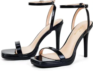 Womens Stiletto Strappy Heeled Sandals, 4.3 Inch Square Open Toe Sexy High Heels Ankle Strap Buckle Heels for Party Wedding Dress Daily Wear Shoes