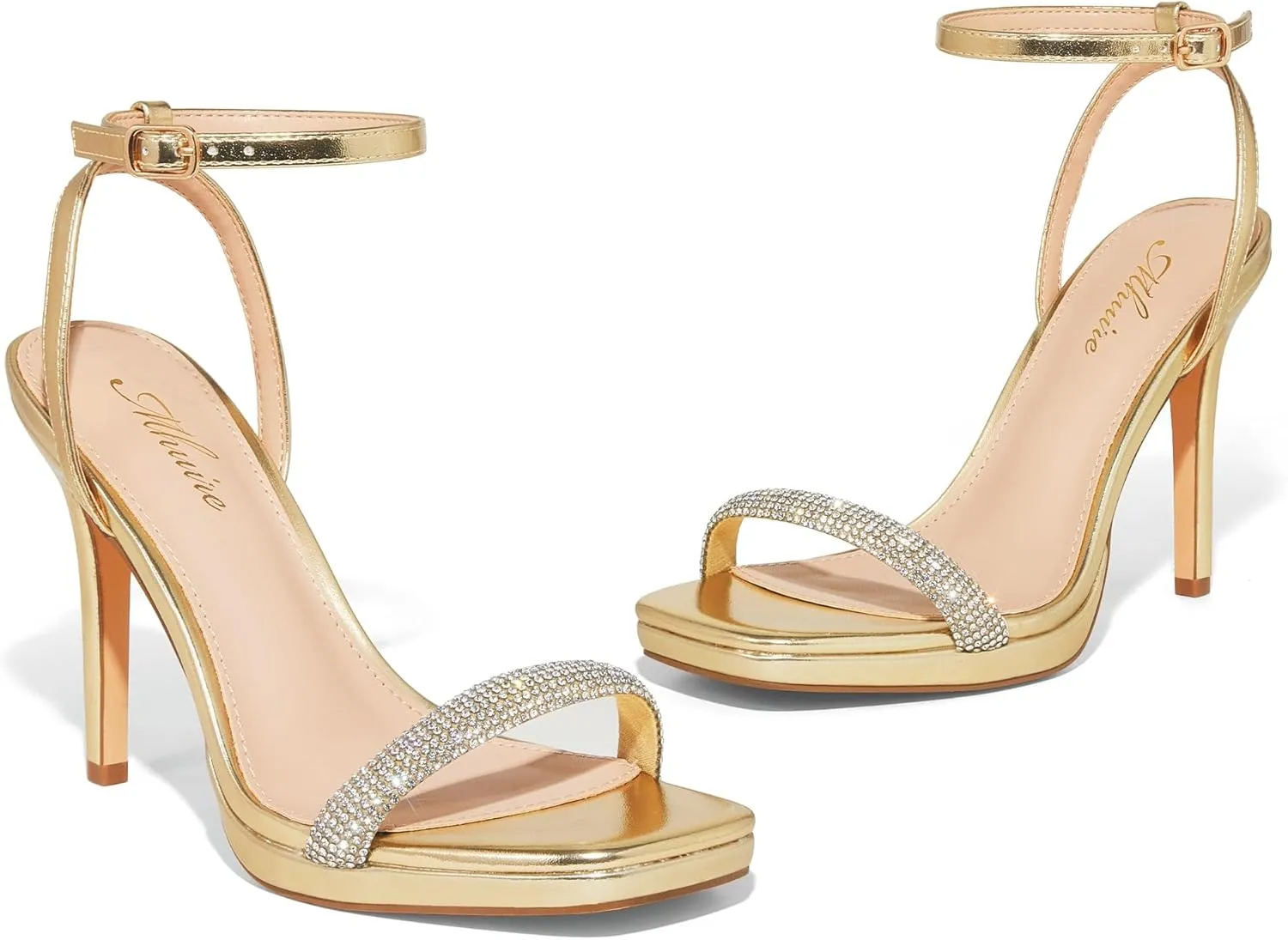 Womens Stiletto Strappy Heeled Sandals, 4.3 Inch Square Open Toe Sexy High Heels Ankle Strap Buckle Heels for Party Wedding Dress Daily Wear Shoes