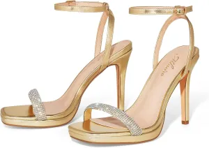 Womens Stiletto Strappy Heeled Sandals, 4.3 Inch Square Open Toe Sexy High Heels Ankle Strap Buckle Heels for Party Wedding Dress Daily Wear Shoes