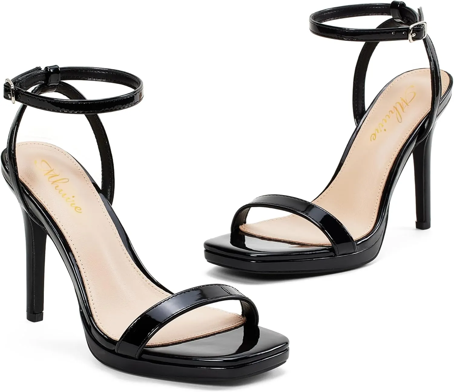 Womens Stiletto Strappy Heeled Sandals, 4.3 Inch Square Open Toe Sexy High Heels Ankle Strap Buckle Heels for Party Wedding Dress Daily Wear Shoes