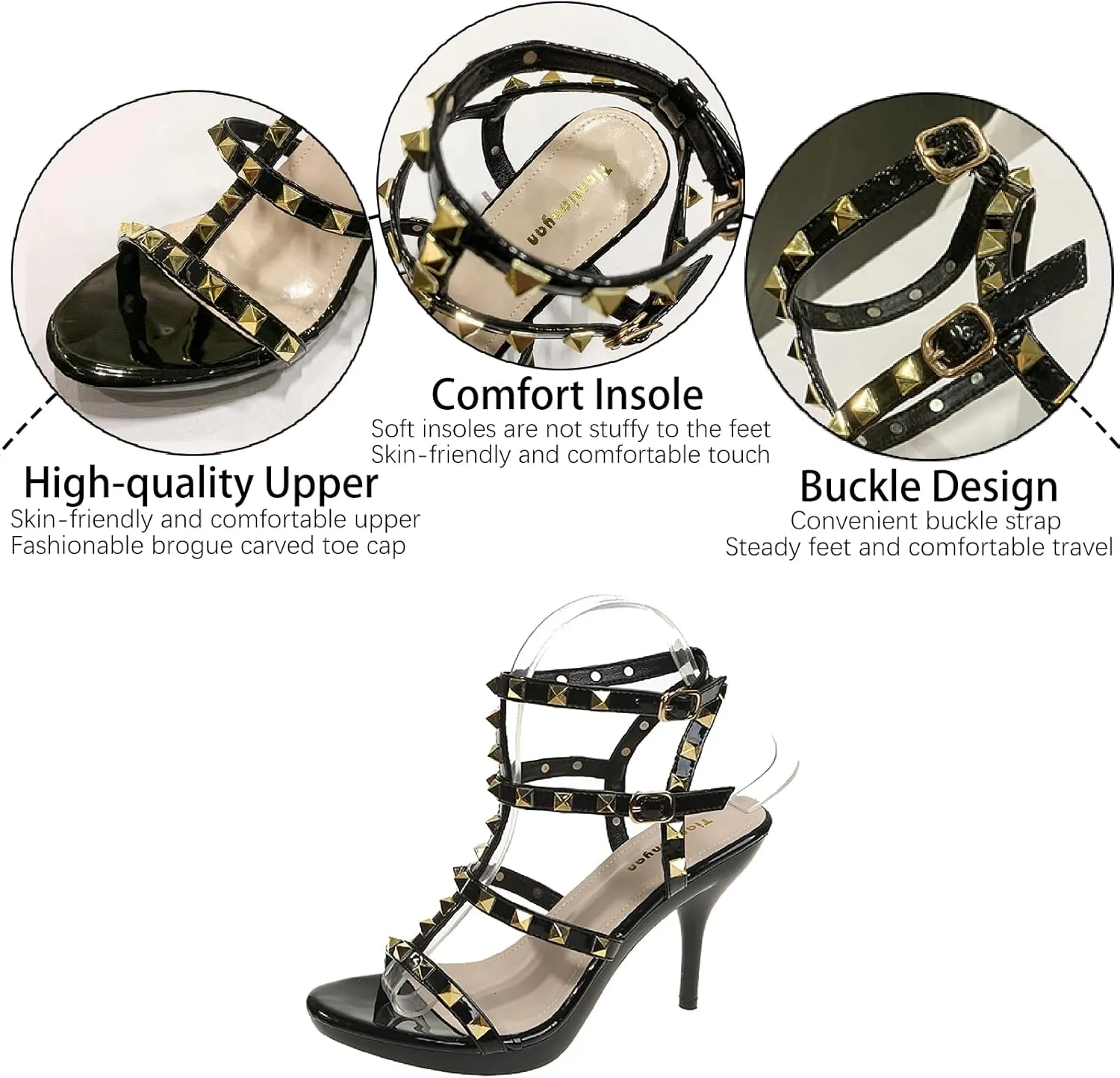 Women's Studded Strappy Leather Stilettos Sandals with Adjustable Ankle Buckle Sexy Open Pointed Toe Non-slip Platform Roman High Heels Pumps for Party Prom Dating Dress Shoes