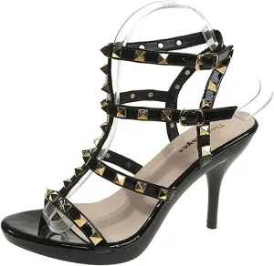 Women's Studded Strappy Leather Stilettos Sandals with Adjustable Ankle Buckle Sexy Open Pointed Toe Non-slip Platform Roman High Heels Pumps for Party Prom Dating Dress Shoes