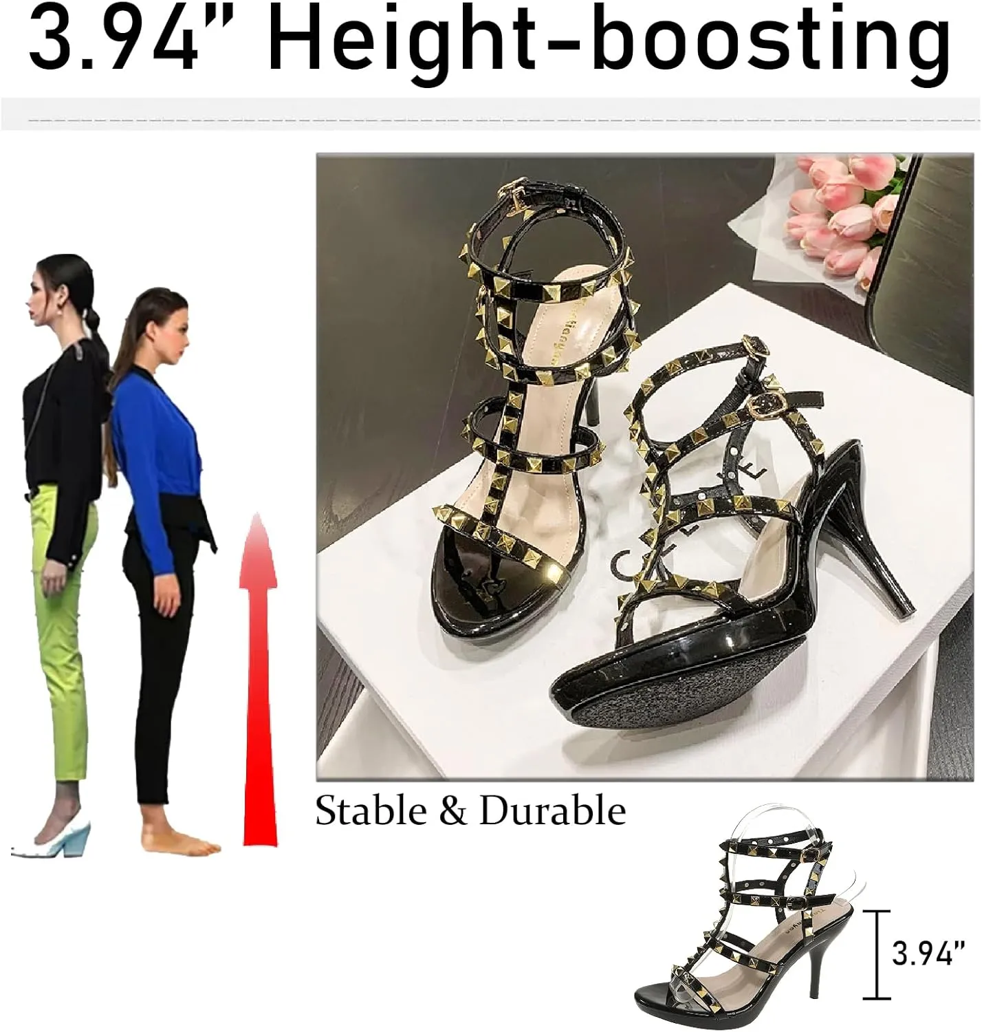 Women's Studded Strappy Leather Stilettos Sandals with Adjustable Ankle Buckle Sexy Open Pointed Toe Non-slip Platform Roman High Heels Pumps for Party Prom Dating Dress Shoes