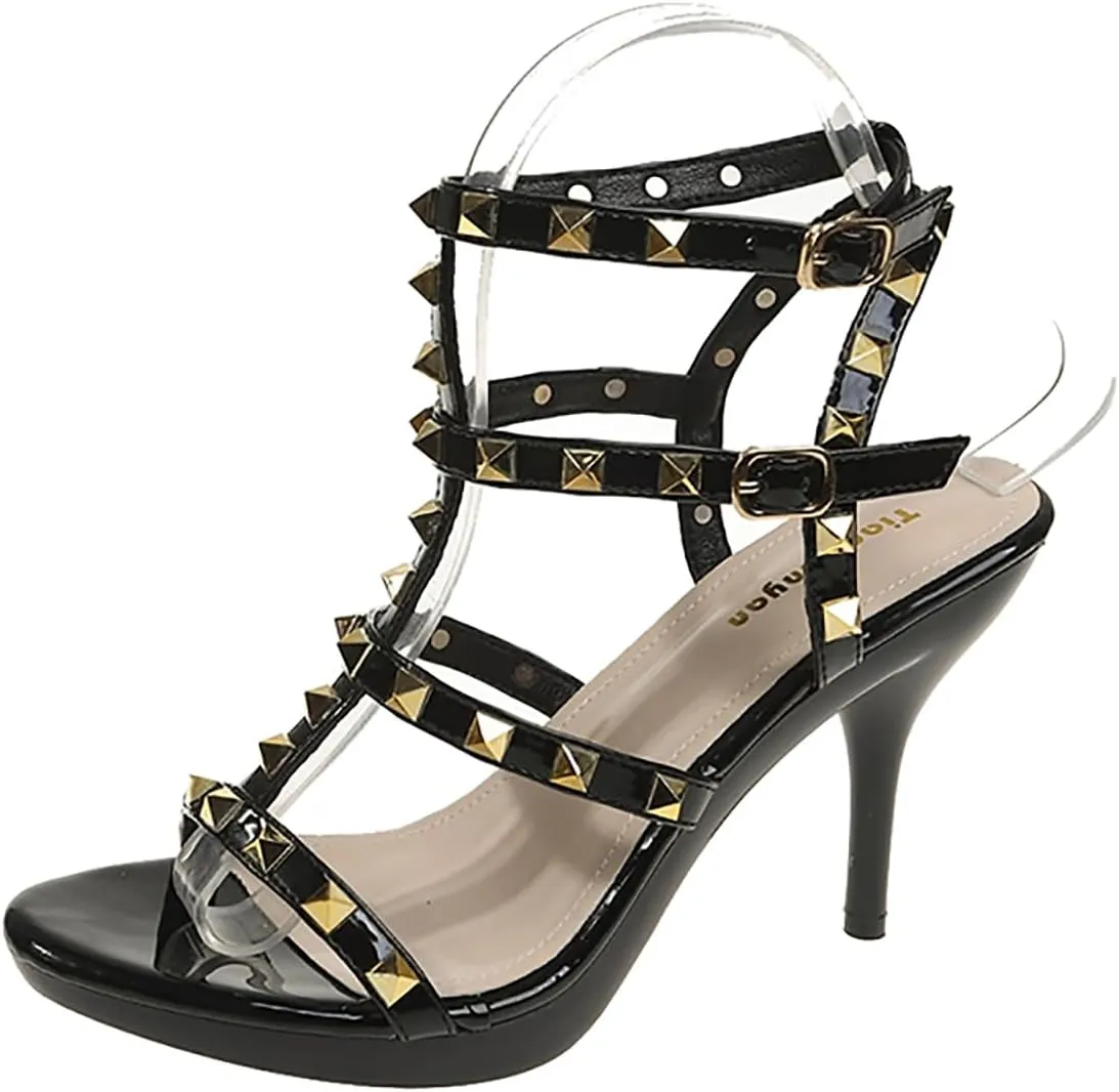 Women's Studded Strappy Leather Stilettos Sandals with Adjustable Ankle Buckle Sexy Open Pointed Toe Non-slip Platform Roman High Heels Pumps for Party Prom Dating Dress Shoes