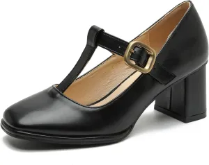 Womens T-Strap Vintage Heels Mary Jane Dress Shoes Block Chunky Heels Office Work Pumps