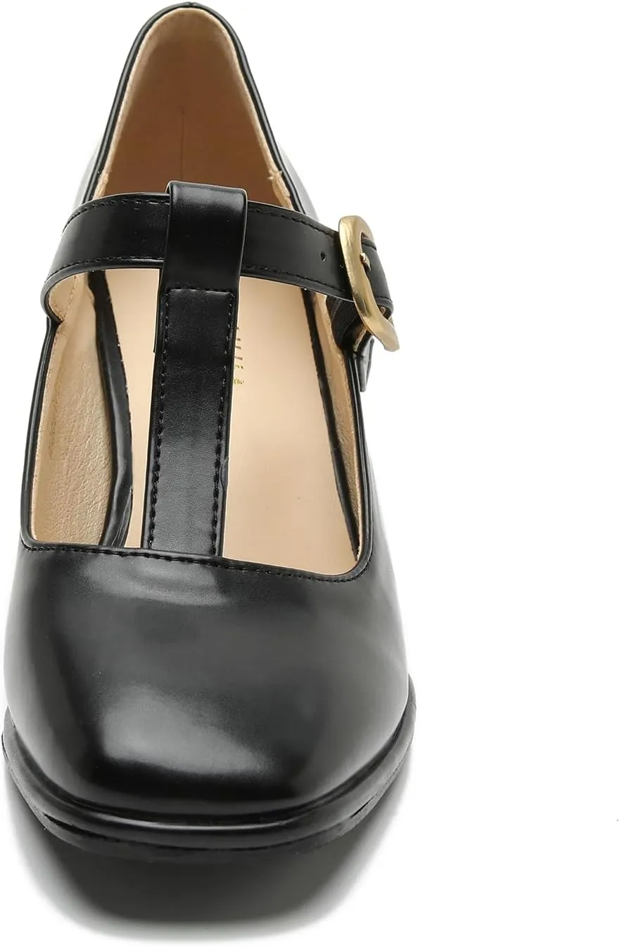 Womens T-Strap Vintage Heels Mary Jane Dress Shoes Block Chunky Heels Office Work Pumps
