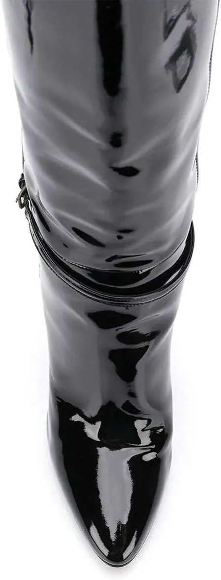 YDN Women Fashion Gloosy Closed Pointed Toe Knee High Boots Stacked Chunky High Heel Wide Calf Pull On Casual Party Dress Winter Shoes with Buckle Ankle Strap Decor Size 4-15 US