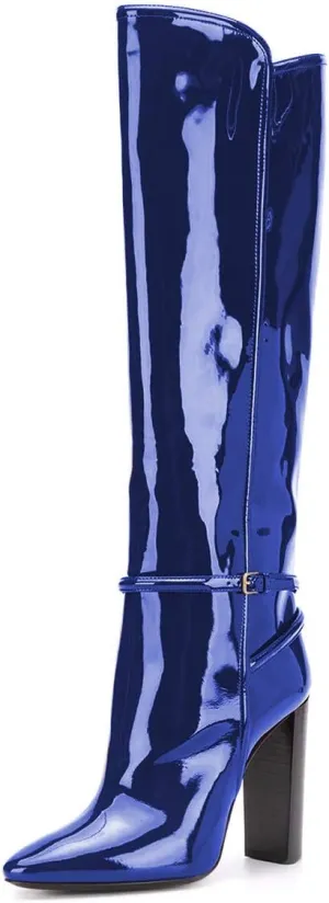 YDN Women Fashion Gloosy Closed Pointed Toe Knee High Boots Stacked Chunky High Heel Wide Calf Pull On Casual Party Dress Winter Shoes with Buckle Ankle Strap Decor Size 4-15 US