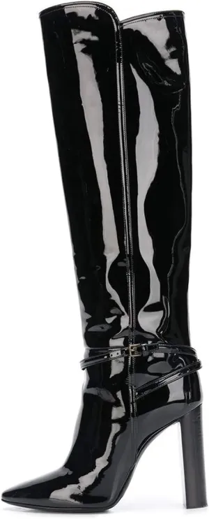 YDN Women Fashion Gloosy Closed Pointed Toe Knee High Boots Stacked Chunky High Heel Wide Calf Pull On Casual Party Dress Winter Shoes with Buckle Ankle Strap Decor Size 4-15 US