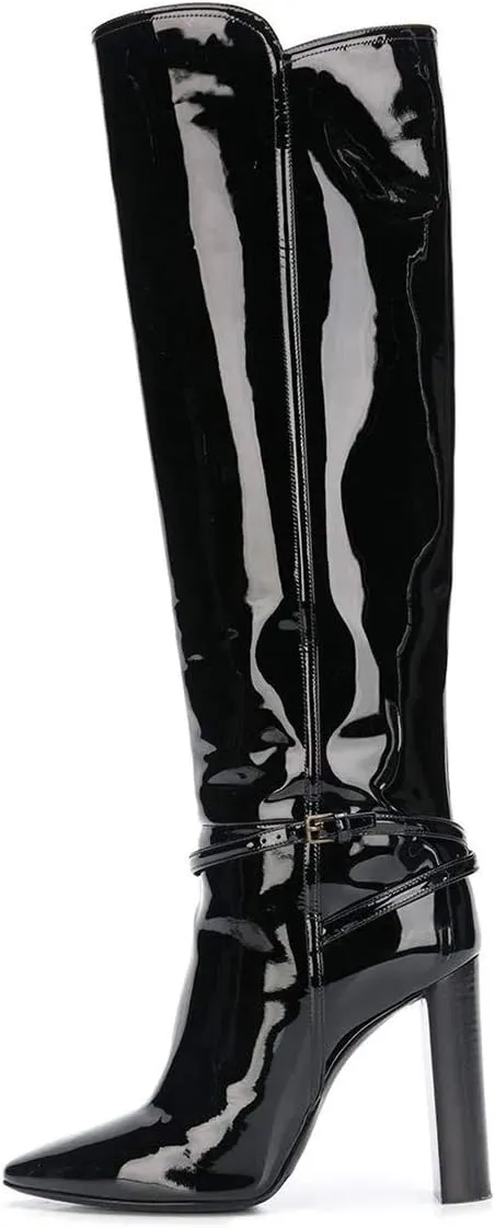 YDN Women Fashion Gloosy Closed Pointed Toe Knee High Boots Stacked Chunky High Heel Wide Calf Pull On Casual Party Dress Winter Shoes with Buckle Ankle Strap Decor Size 4-15 US