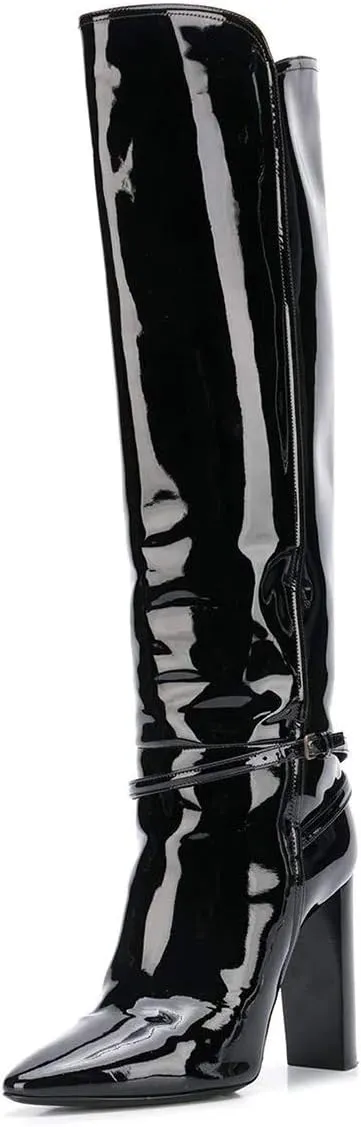 YDN Women Fashion Gloosy Closed Pointed Toe Knee High Boots Stacked Chunky High Heel Wide Calf Pull On Casual Party Dress Winter Shoes with Buckle Ankle Strap Decor Size 4-15 US