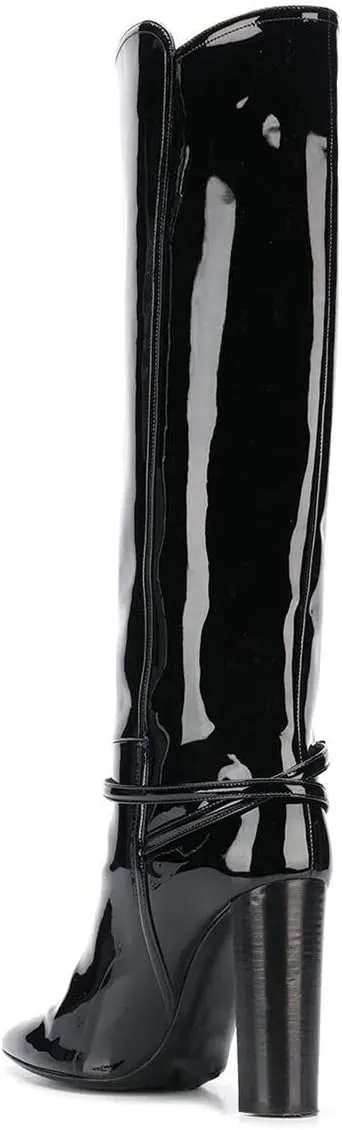 YDN Women Fashion Gloosy Closed Pointed Toe Knee High Boots Stacked Chunky High Heel Wide Calf Pull On Casual Party Dress Winter Shoes with Buckle Ankle Strap Decor Size 4-15 US