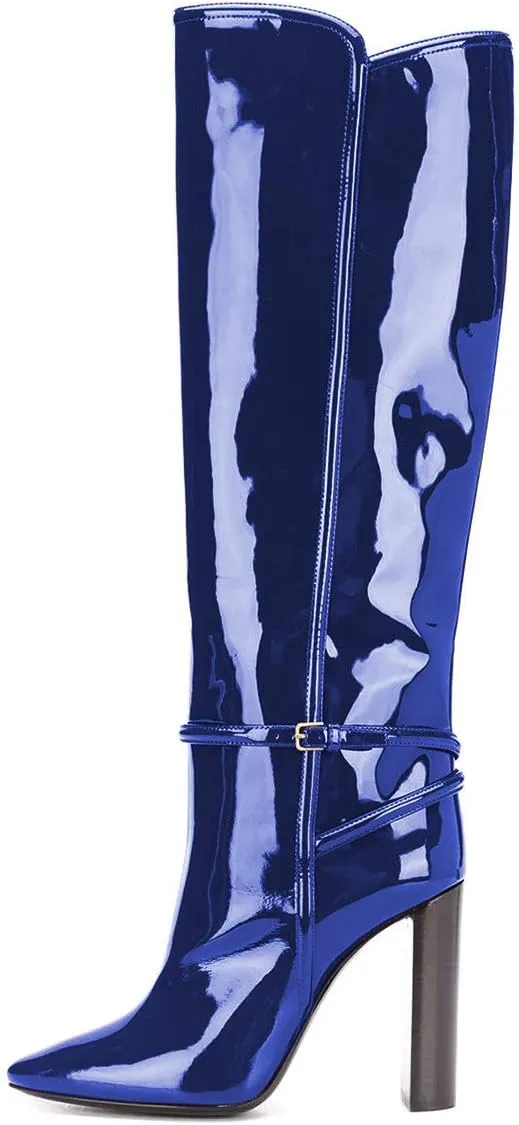 YDN Women Fashion Gloosy Closed Pointed Toe Knee High Boots Stacked Chunky High Heel Wide Calf Pull On Casual Party Dress Winter Shoes with Buckle Ankle Strap Decor Size 4-15 US