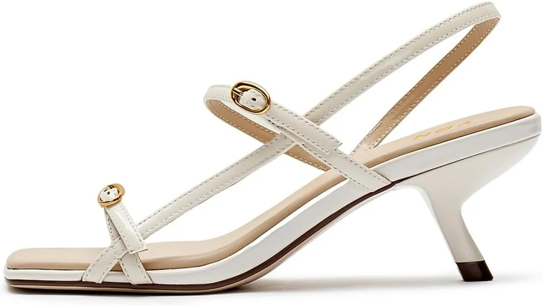 YDN Women Fashion Open Square Toe Slim Mid Heel Sandals Slip On Straps Buckle Slingback Shoes Party Dress Summer Size 4-16 US