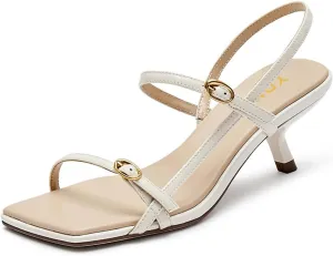 YDN Women Fashion Open Square Toe Slim Mid Heel Sandals Slip On Straps Buckle Slingback Shoes Party Dress Summer Size 4-16 US