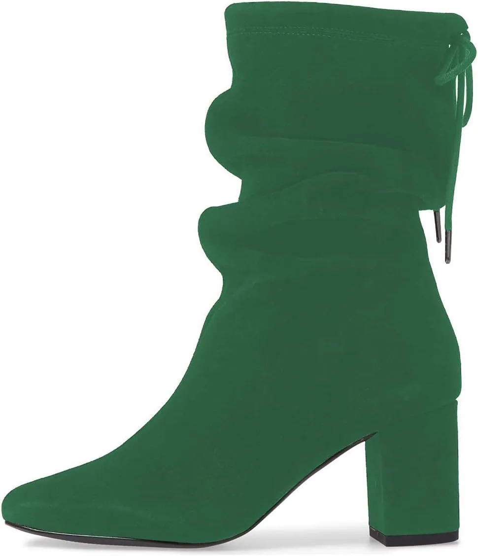 YDN Women Round Toe Mid Calf Boots Lace up Chunky High Heel Western Shoes