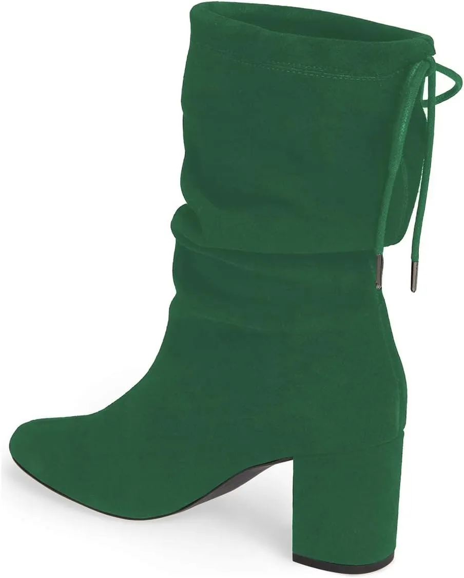 YDN Women Round Toe Mid Calf Boots Lace up Chunky High Heel Western Shoes