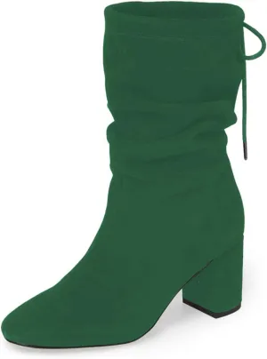YDN Women Round Toe Mid Calf Boots Lace up Chunky High Heel Western Shoes