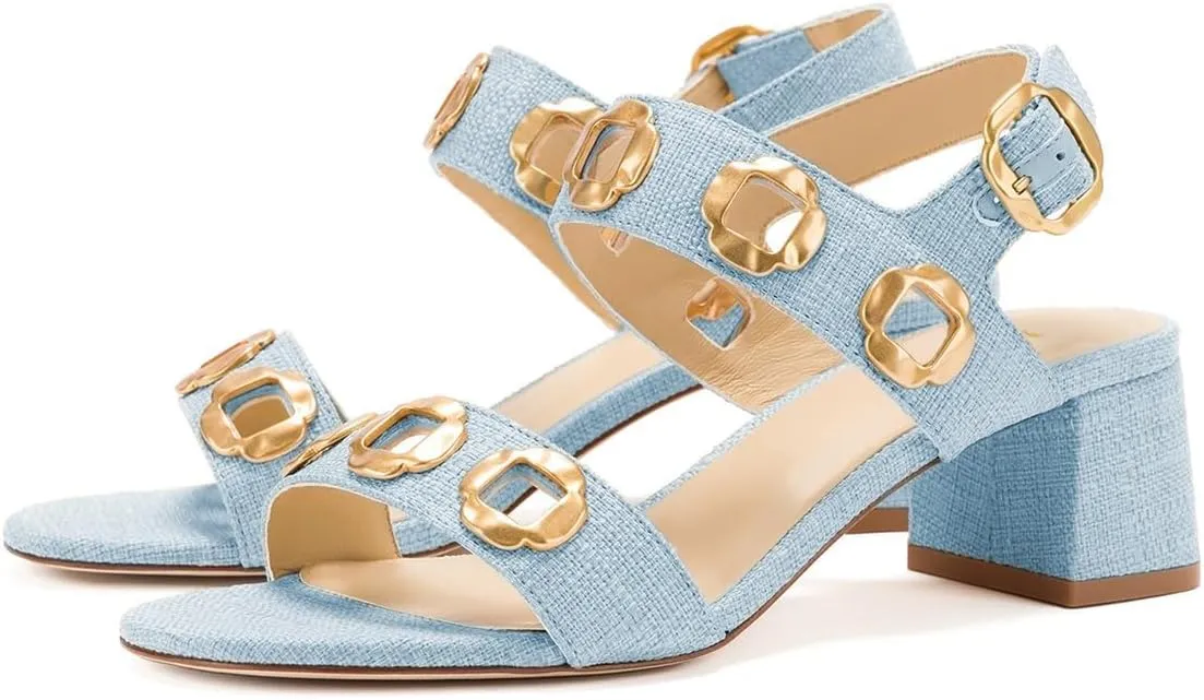 YDN Women's Fashion Open Toe Sandals Chunky Block Dressy Low Heels Backstrap with Buckle Fancy Summer Daily Shoes Size 4-16 US