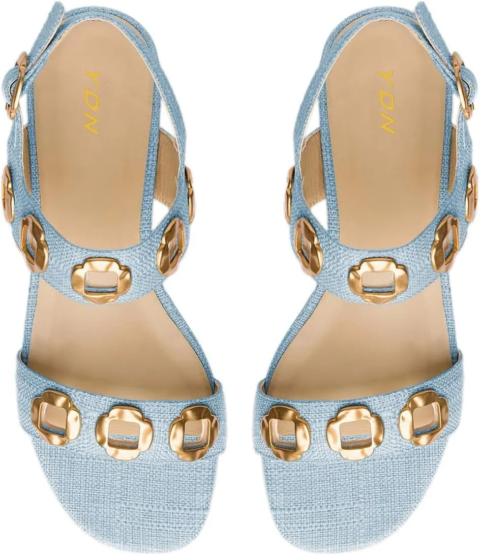 YDN Women's Fashion Open Toe Sandals Chunky Block Dressy Low Heels Backstrap with Buckle Fancy Summer Daily Shoes Size 4-16 US