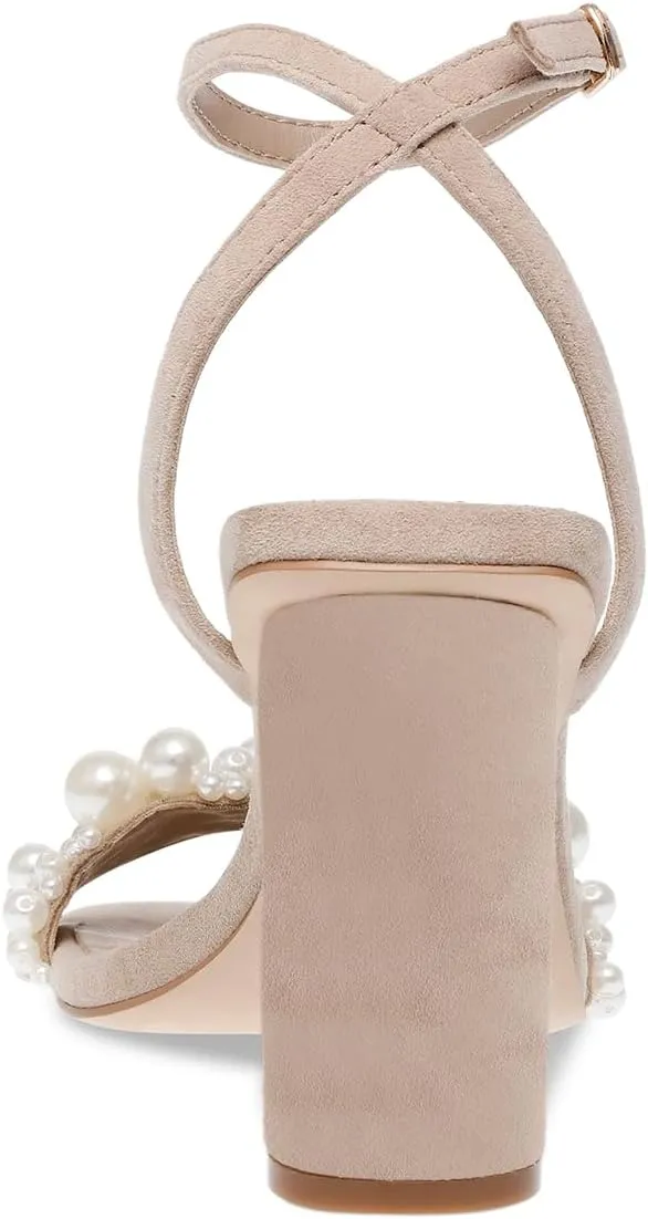 YDN Women's Pearl Studded Sandals Open Square Toe High Block Heels Buckled Ankle Strap Backless Shoes for Party Prom Wedding Size 4-16 US