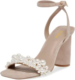 YDN Women's Pearl Studded Sandals Open Square Toe High Block Heels Buckled Ankle Strap Backless Shoes for Party Prom Wedding Size 4-16 US