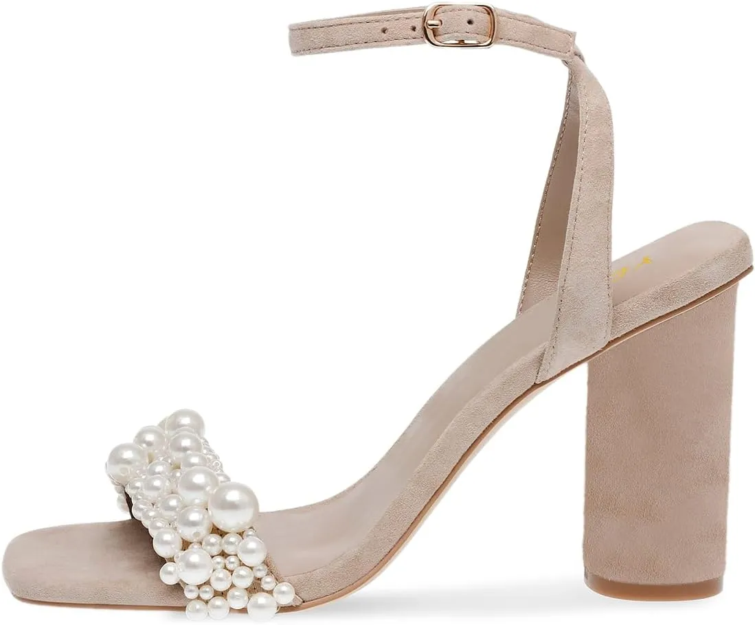 YDN Women's Pearl Studded Sandals Open Square Toe High Block Heels Buckled Ankle Strap Backless Shoes for Party Prom Wedding Size 4-16 US