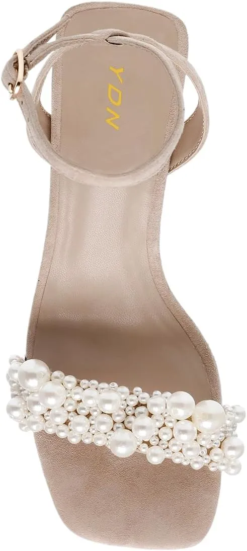 YDN Women's Pearl Studded Sandals Open Square Toe High Block Heels Buckled Ankle Strap Backless Shoes for Party Prom Wedding Size 4-16 US