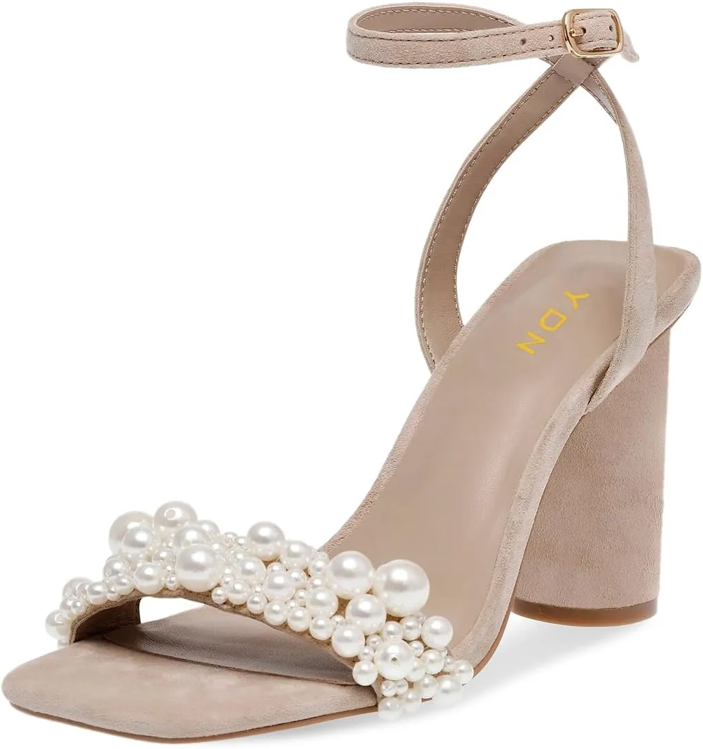 YDN Women's Pearl Studded Sandals Open Square Toe High Block Heels Buckled Ankle Strap Backless Shoes for Party Prom Wedding Size 4-16 US