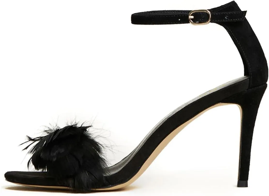 YDN Women's Sexy Open Round Toe Sandals with Fur Stiletto High Heels Ankle Buckled Strap Pumps Wedding Dress Party Shoes Size 4-16 US