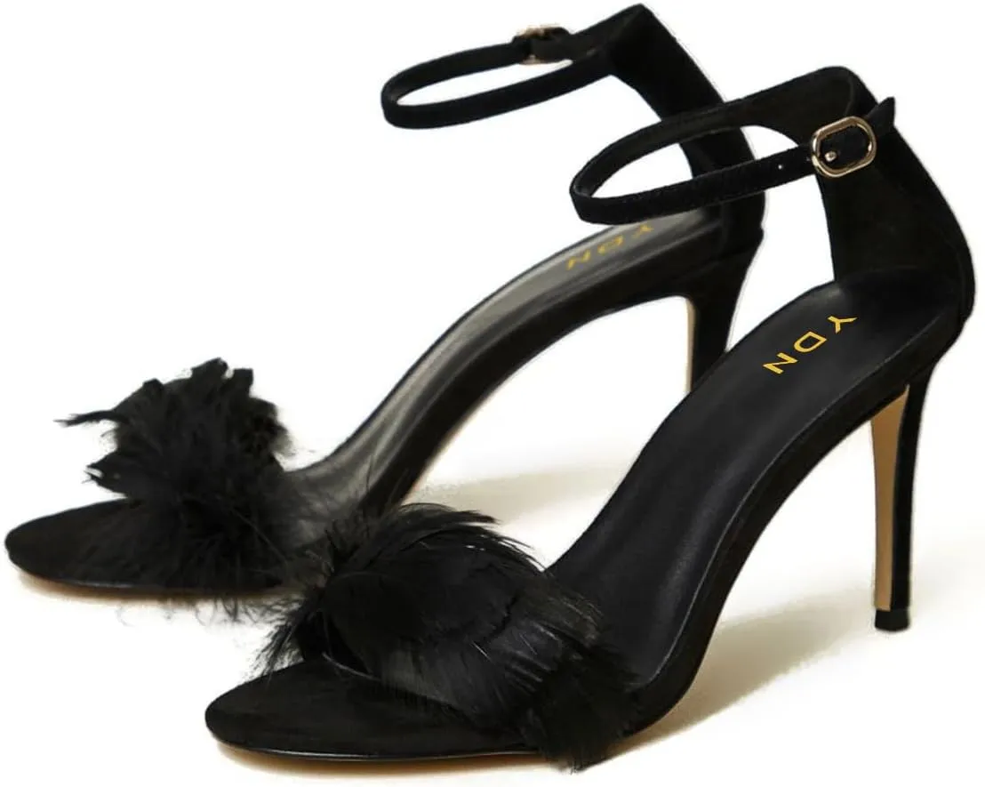 YDN Women's Sexy Open Round Toe Sandals with Fur Stiletto High Heels Ankle Buckled Strap Pumps Wedding Dress Party Shoes Size 4-16 US