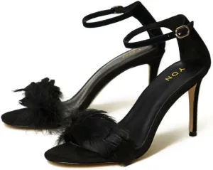 YDN Women's Sexy Open Round Toe Sandals with Fur Stiletto High Heels Ankle Buckled Strap Pumps Wedding Dress Party Shoes Size 4-16 US