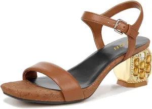 YDN Women's Square Toe Platform Low Heeled Sandals Ankle Buckle Strap Special Studded Low Heels Backless Dressy Casual Party Prom Shoes Size 4-16 US